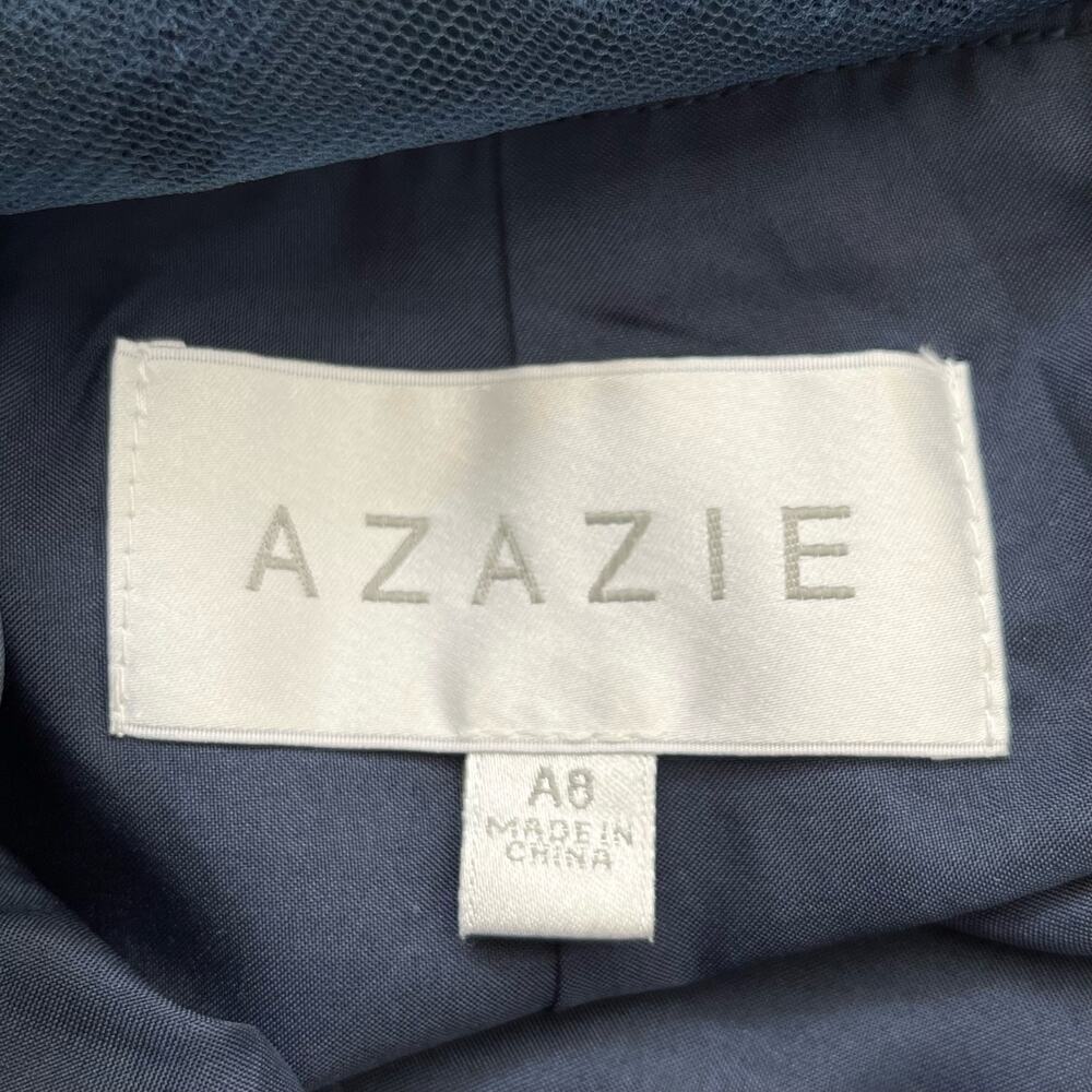 Azazie A-Line Pleated Chiffon Bridesmaid Dress Lace V Back in Navy Blue, Size A8 - Picture 3 of 13